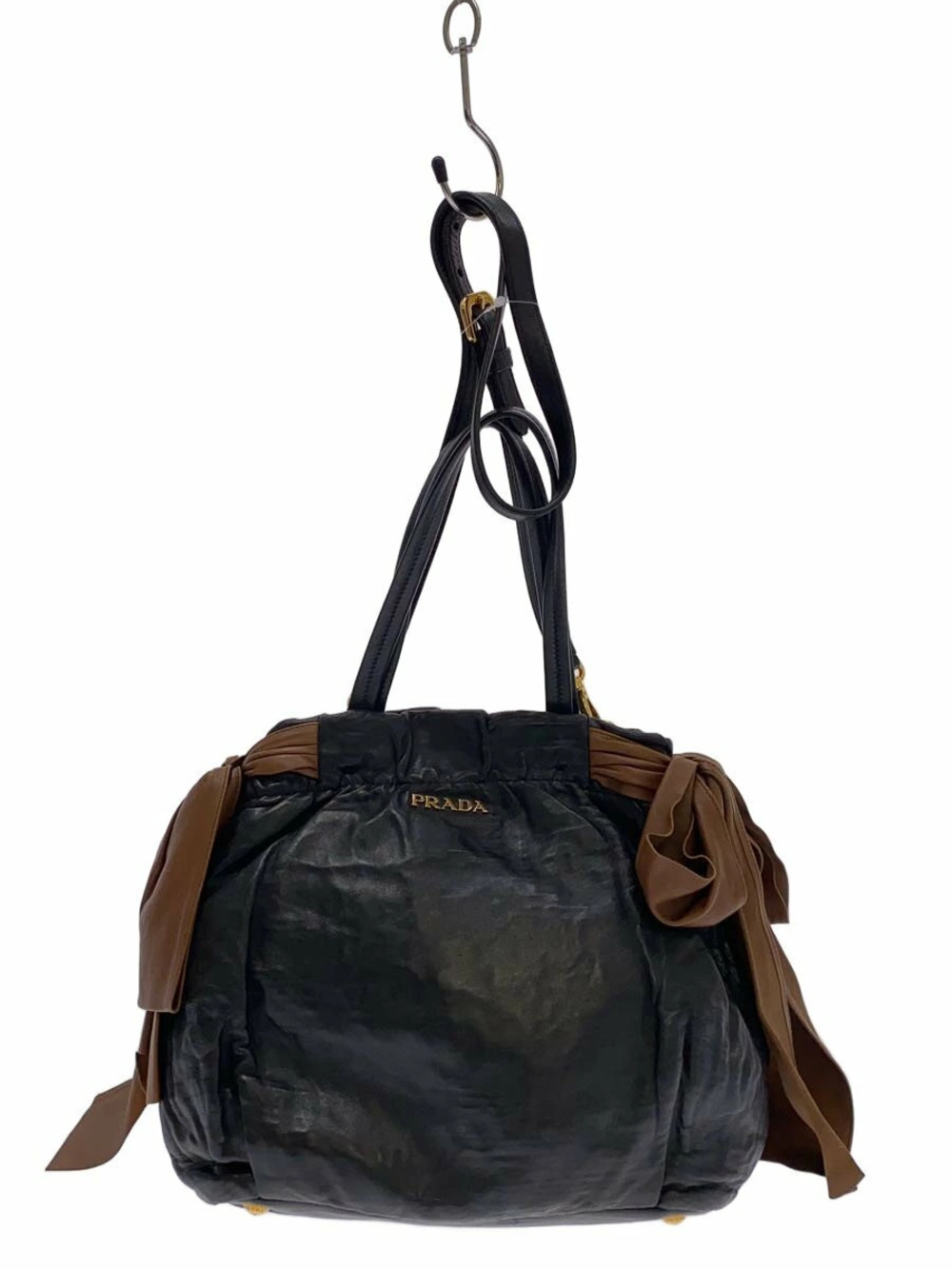 Prada Nappa Antique Leather Bow Bag gathered leather brown Black